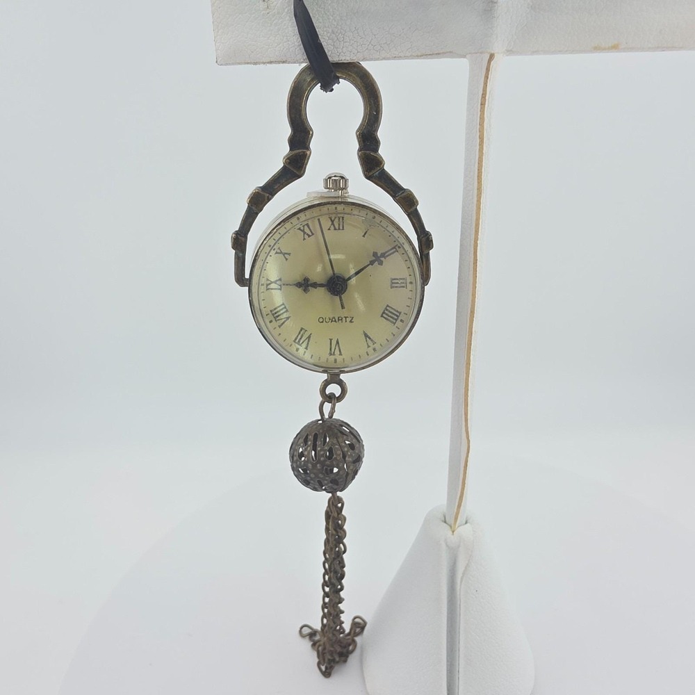 Vintage Pocket Watch Tassle Pendent Filligree Cage Sphere Bronze 4" NEW BATTERY